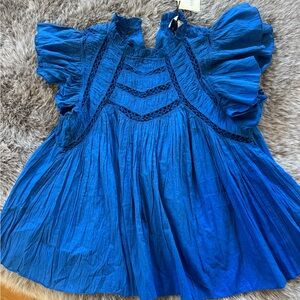 Sea New York Blue Blouse with Dramatic Sleeves and Smocking